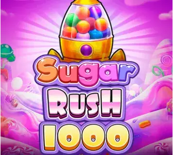 ภาพโลโก้ Sugar Rush ทดลองเล่นฟรี เว็บตรงไม่ผ่านเอเย่นต์ ที่มีพื้นหลังสีชมพูสดใส และตัวอักษรเขียนเป็นชื่อเกม