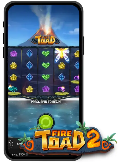 ภาพเกมสล็อตออนไลน์บนเว็บตรง bk8 เกม Fire Toad2 ที่มีพื้นหลังเป็นภูเขาไฟริมน้ำ มีสัญลักษณ์แมลงปอกำลังเรืองแสง